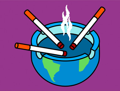 Un cendrier planète avec des cigarettes fumantes.