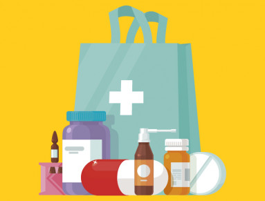 Un sac à pharmacie contenant différents médicaments (cachets, pilules, sachets en poudre).