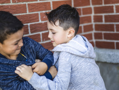 Deux enfants se bagarrent.